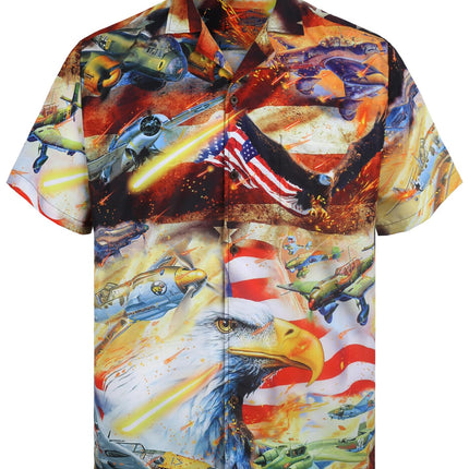 Mens Patriotic Hawaiian Shirt - Airplane & Eagle American Flag Design - 4th of July Button-Up - Short Sleeve Shirt for Summer Celebrations