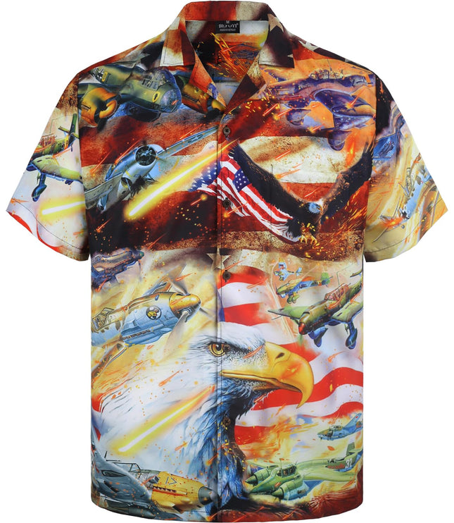 Mens Patriotic Hawaiian Shirt - Airplane & Eagle American Flag Design - 4th of July Button-Up - Short Sleeve Shirt for Summer Celebrations