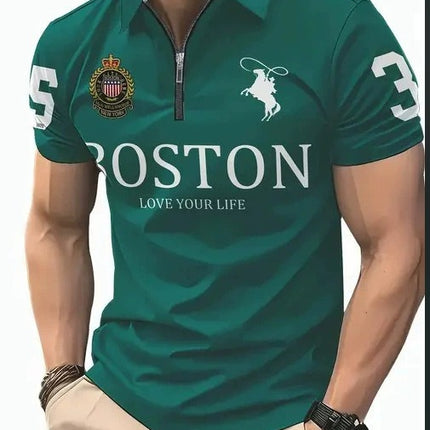 Men's 3D Digital Print Zip-Up Polo Shirt