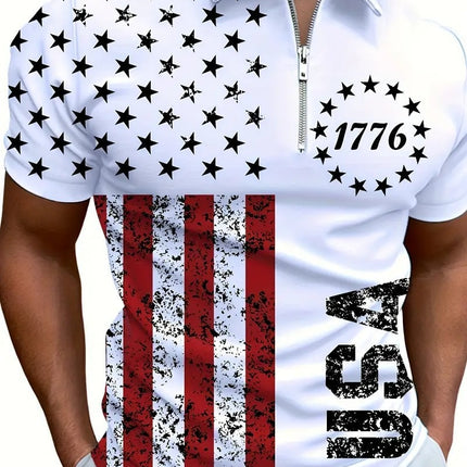 Men's 3D Digital Print Zip-Up Polo Shirt