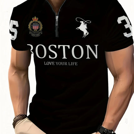 Men's 3D Digital Print Zip-Up Polo Shirt